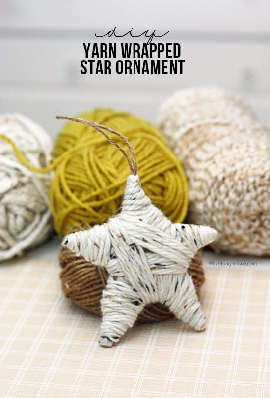 Easy DIY Yarn Wrapped Star Ornament.  Great for gifting too.  Tutorial at livelaughrowe.com