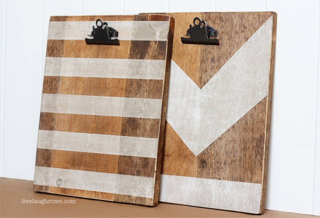 Two fabulous photo clipboards made with wood stain and stenciling