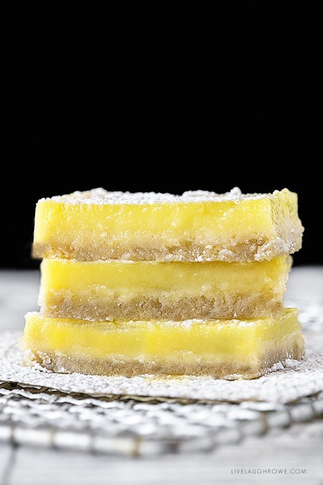 Easy lemon bars that are lightened up and perfectly tart! Recipe at livelaughrowe.com