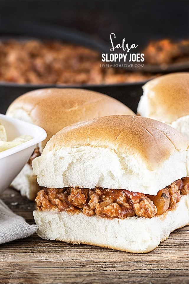 Easy Homemade Salsa Sloppy Joes! Serve on slider buns or hamburg buns with potato chips. livelaughrowe.com
