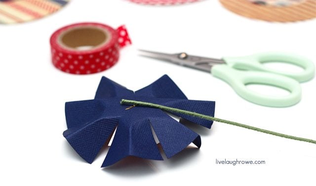 glue floral wire to back of patriotic paper flowers