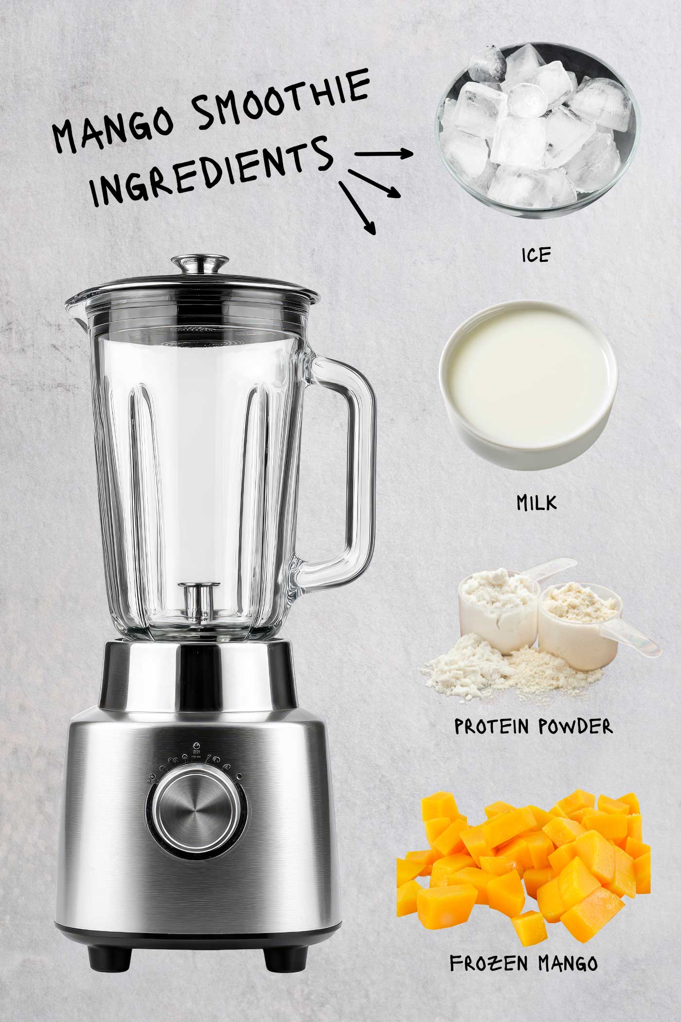 Mango smoothie ingredients arranged around a blender, including ice, milk, protein powder, and frozen mango pieces.