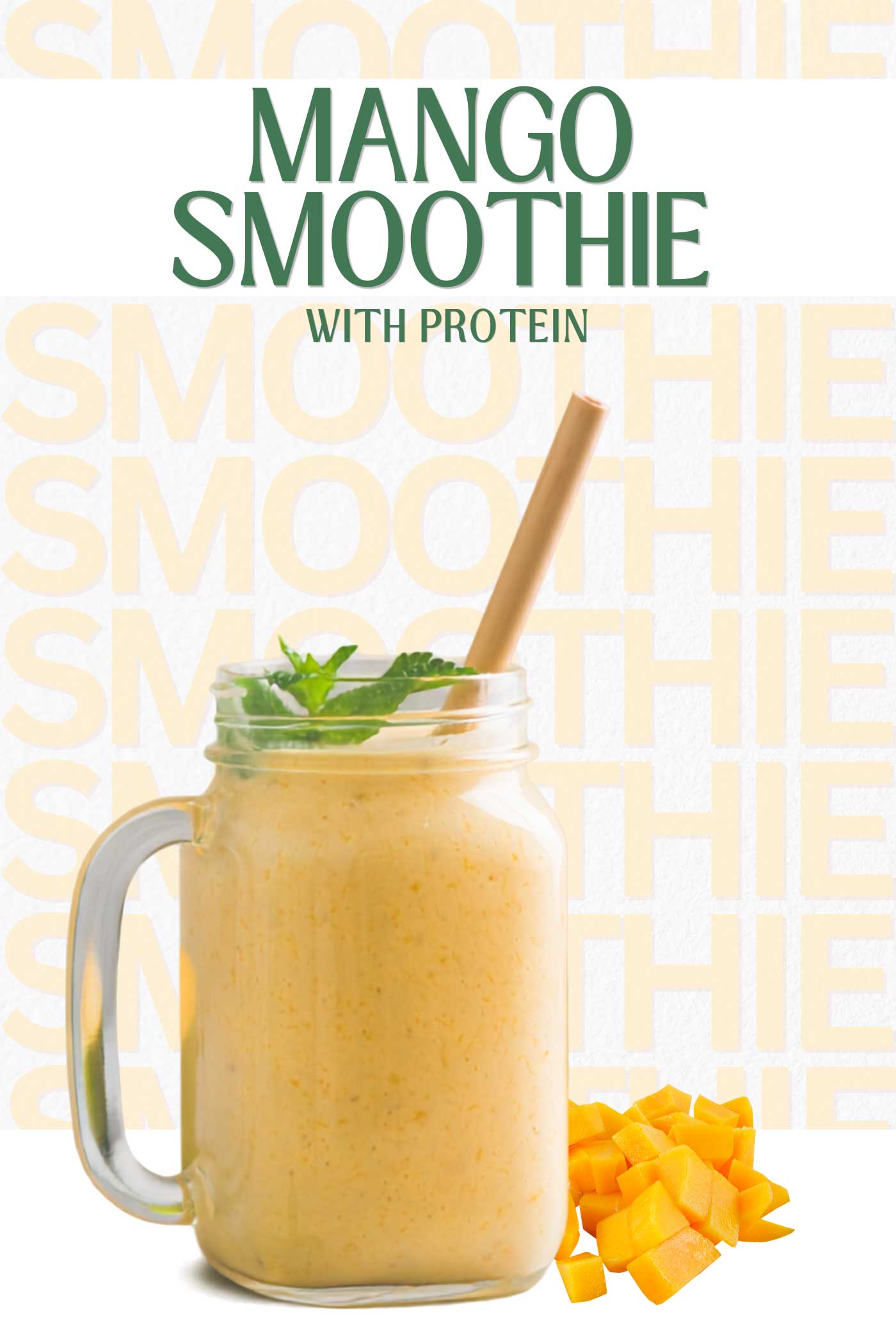Mango smoothie with protein in a glass mason jar topped with mint and pictured beside diced mango.