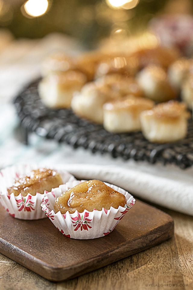 These Bite-Sized Cinnamon Buns require no yeast or kneading. Using crescent rolls, you'll have them ready to serve in minutes. Recipe at livelaughrowe.com