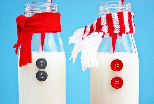 Adorable Snowman Milk Bottles.  Fun for the kids -- and Santa Claus! www.livelaughrowe.co