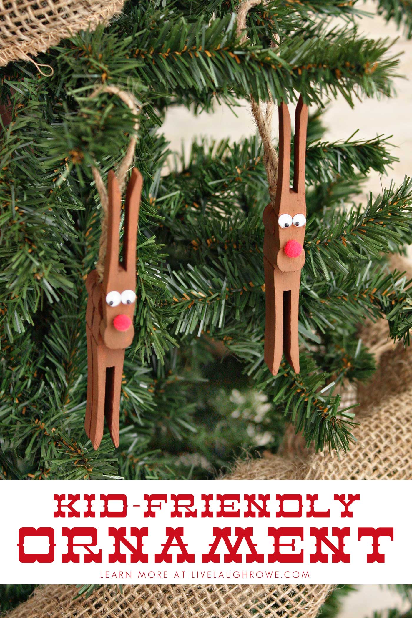 kid-friendly ornament, reindeer ornament hanging on a tree