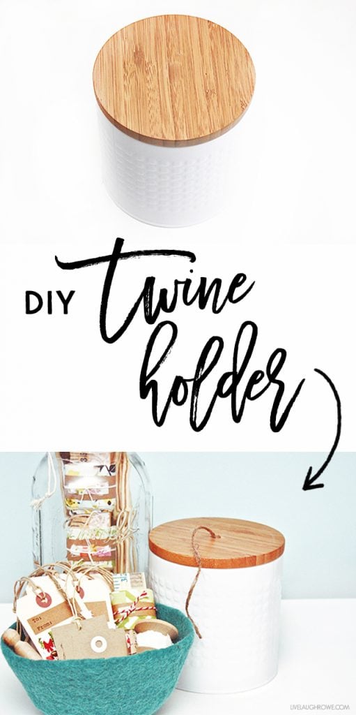 Turn an everyday canister (with a lid) into a DIY project! This DIY Twine Holder is a great way to keep your jute twine organized. livelaughrowe.com