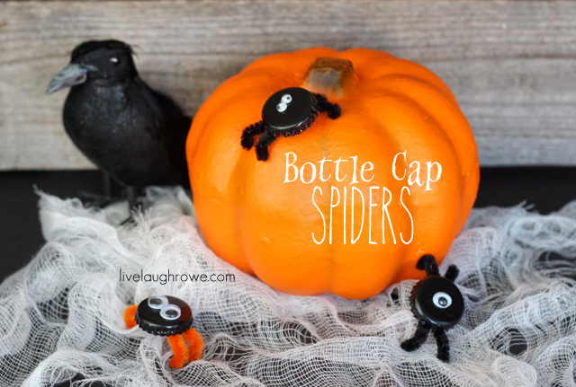Have fun getting crafty with your kids.  Halloween Bottle Cap Spiders with livelaughrowe.com