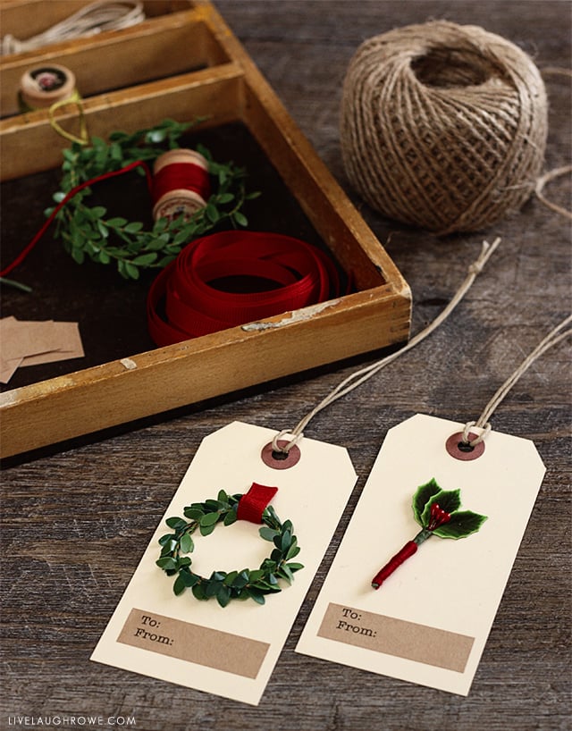 Challenge yourself to use some on-hand crafting supplies to design your own DIY Christmas Gift Tags this year. More about these beautiful tags at livelaughrowe.com