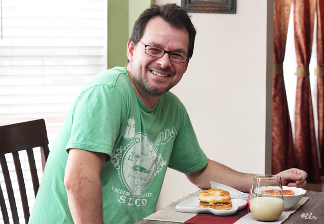 The hubs enjoying a breakfast served with love! A quick, easy, and delicious way to start his day with a Jimmy Dean Redbox breakfast sandwich