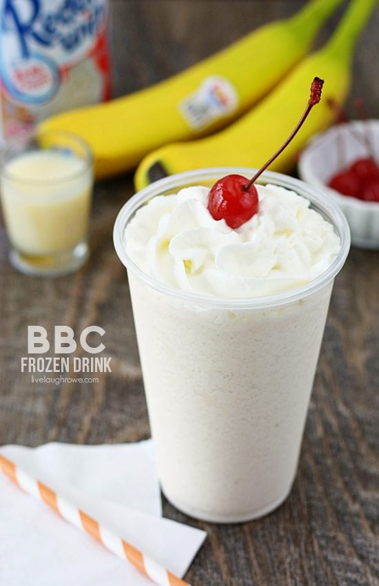 The infamous Carribbean drink that we're addicted to! BBC Frozen Drink, also known as a Bailey's Banana Colada. Recipe at livelaughrowe.com