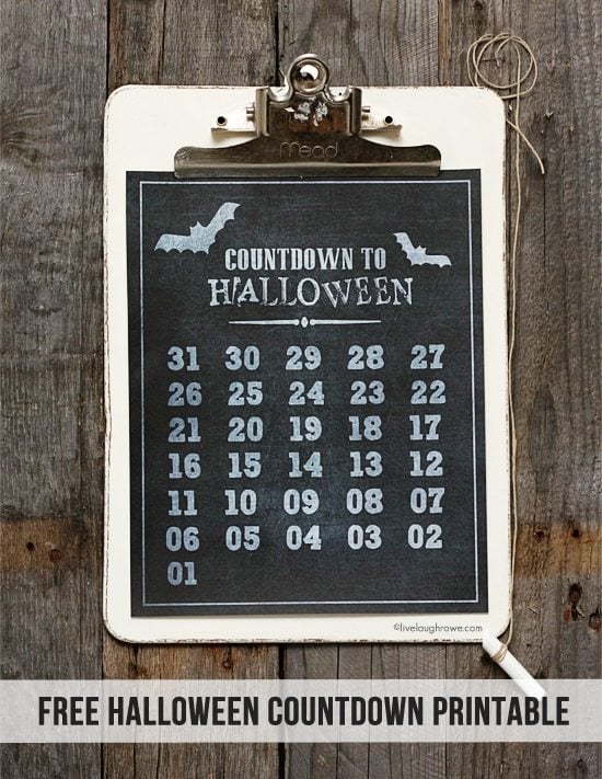 Festive Countdown to Halloween Printable!  Use chalk to mark off the days -- toss and print another next year! Print or save a copy at www.livelaughrowe.com. #halloween #printable