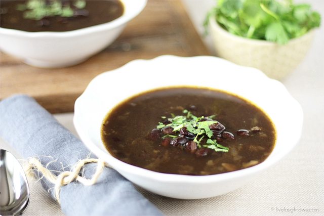 Warm up with a bowl of this simple and delicious black bean soup. Recipe at www.livelaughrowe.com