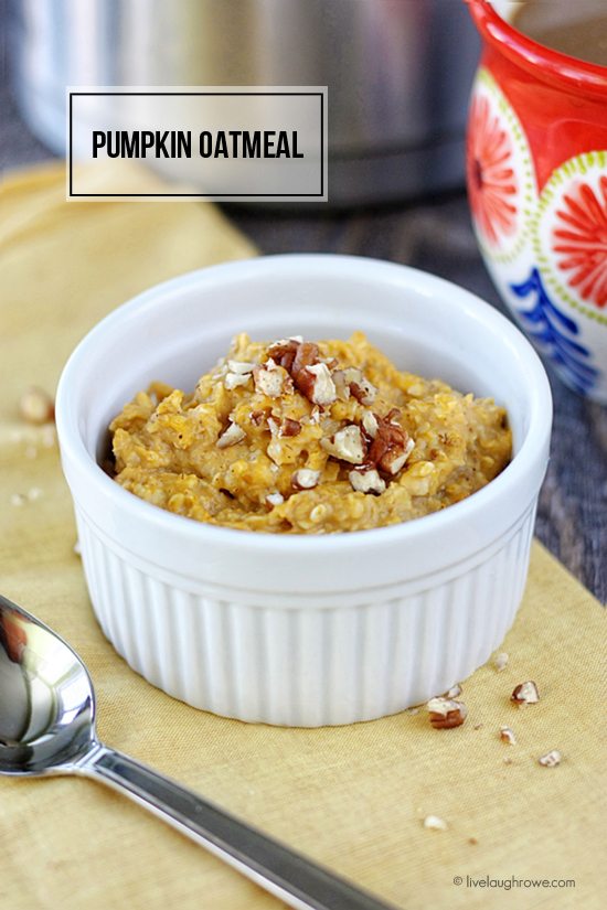 Get a serving of veggies in the morning with this deliciou Pumpkin Oatmeal recipe. Recipe at livelaughrowe.com #pumpkin #oatmeal