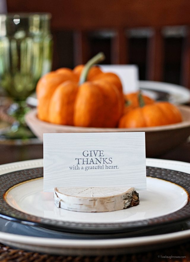 DIY Birch Place Card Holders and a free 'Give Thanks" printable for your Thanksgiving Tablescape. More at livelaughrowe.com
