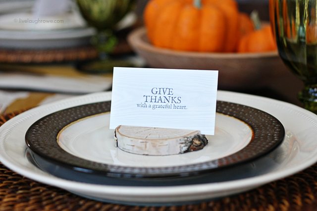 DIY Birch Place Card Holders and a free printable for your Thanksgiving Tablescape.  More at livelaughrowe.com