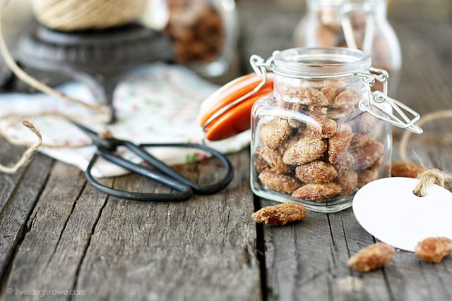 Roasted Pumpkin Spiced Almonds! Perfect for gift giving year round. Recipe at livelaughrowe.com #almonds