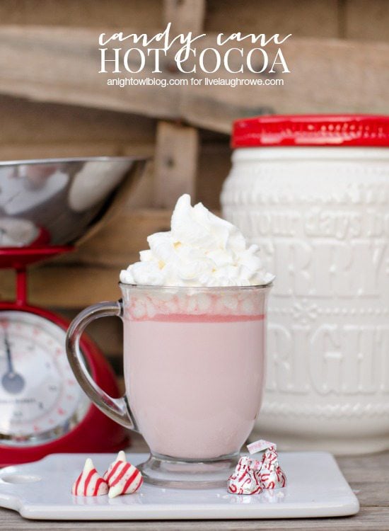 Warm up with a cup of this delicious Candy Cane Hot Cocoa!  Recipe from A Night Owl for livelaughrowe.com #hotcocoa
