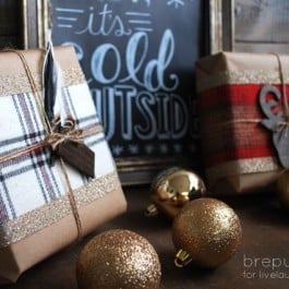 DIY Rustic Christmas Wrapping using flannel fabric, stain, feather and MORE!! By Bre Purposed for www.livelaughrowe.com