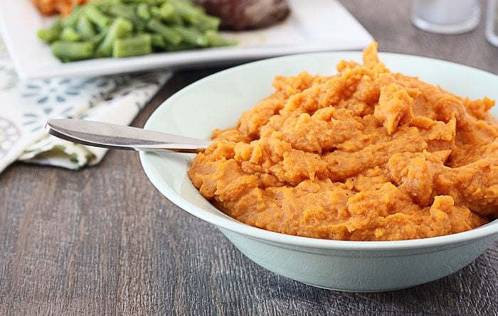 Delicious and flavorful Mashed Sweet Potatoes. The perfect side dish for Thanksgiving or any dinner! Recipe at livelaughrowe.com