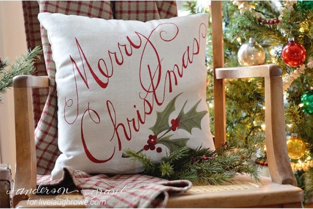 Learn how to paint a Christmas pillow in just a few steps. Tutorial from Anderson and Grant for www.livelaughrowe.com #diy