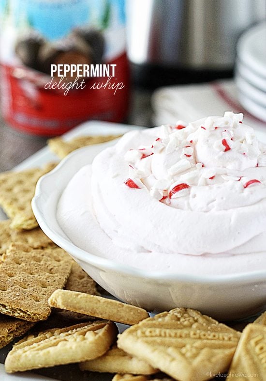 Peppermint Delight Whip. Serve with graham crackers and cookies! Perfectly fluffy and delicous for your holiday entertaining. Recipe at livelaughrowe.com