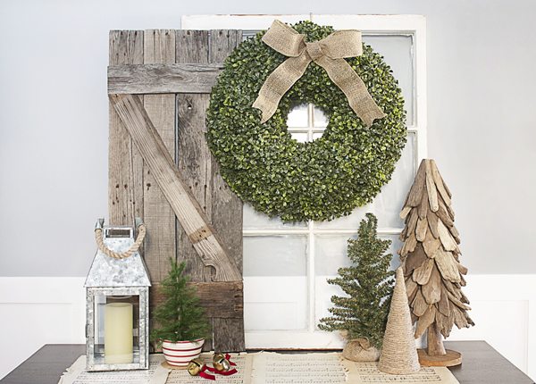 Lovely Rustic Christmas Vignette with a bountiful Boxwood Wreath from Balsam Hill.  www.livelaughrowe.com