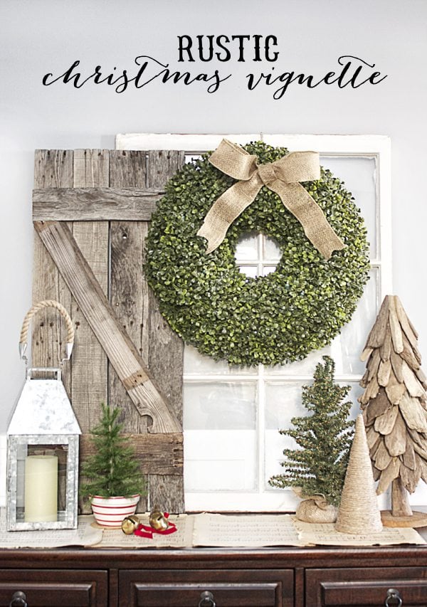 Simple Rustic Christmas Vignette with a bountiful Boxwood Wreath.  www.livelaughrowe.com