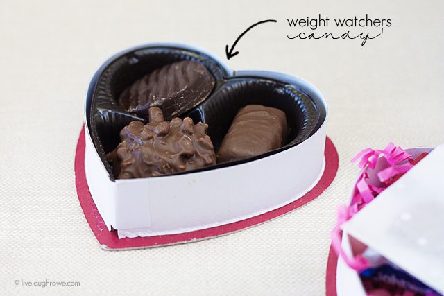 Embellish a chocolate box and replace the chocolate with a healthier version -- like Weight Watchers candy for the dieters in your life! www.livelaughrowe.com