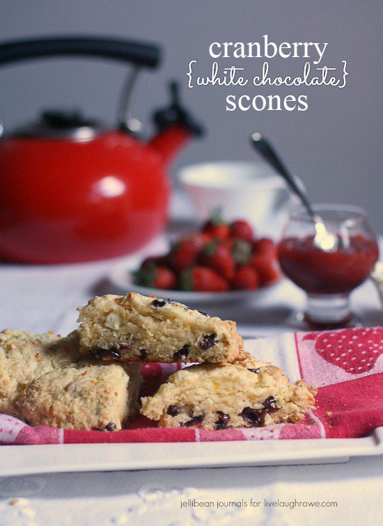 Delicious Cranberry White Chocolate Scones you can pull together in 10 minutes! Recipe at www.livelaughrowe.com