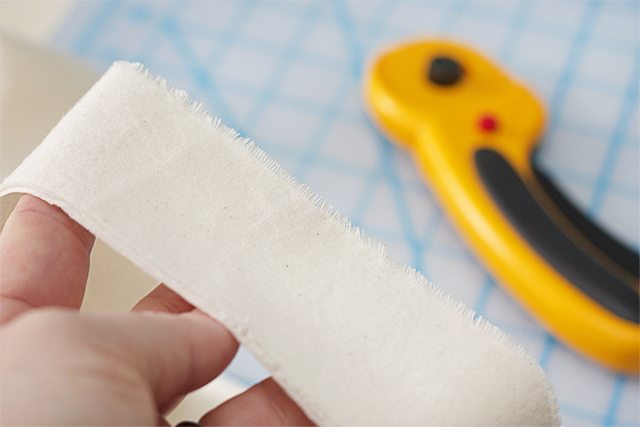 Fraying the muslin fabric for hand stamped fabric ribbon