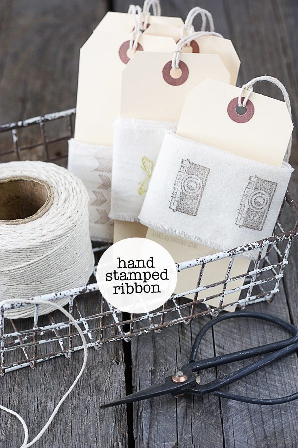 Learn how to make your own hand stamped ribbon with muslin! Tutorial at www.livelaughrowe.com