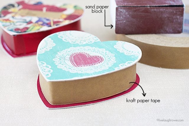 Add a vintage vibe to DIY Valentine Gift Box with sand paper and kraft paper tape!
