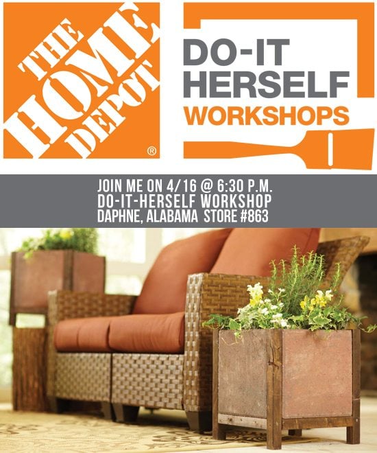 Join me on Thursday, April 16th at 6:30 p.m. for the DIH Workshop being held at the Daphne, AL Home Depot (Store #863)