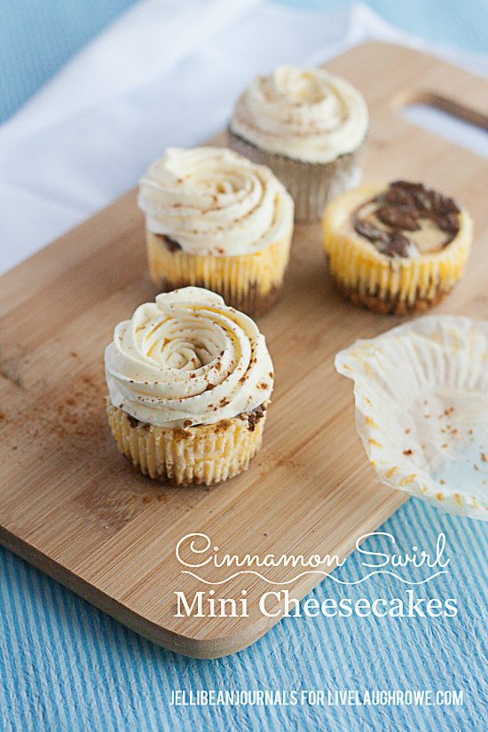 Delicious and Bite Size!  Cinnamon Swirl Mini Cheesecakes via Jelli Bean Journals for www.livelaughrowe.com #dessert
