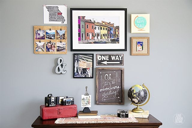 What a great way to display your travel experiences! A travel-themed gallery wall... with a DIY Instagram Photo Frame tutorial too! www.livelaughrowe.com