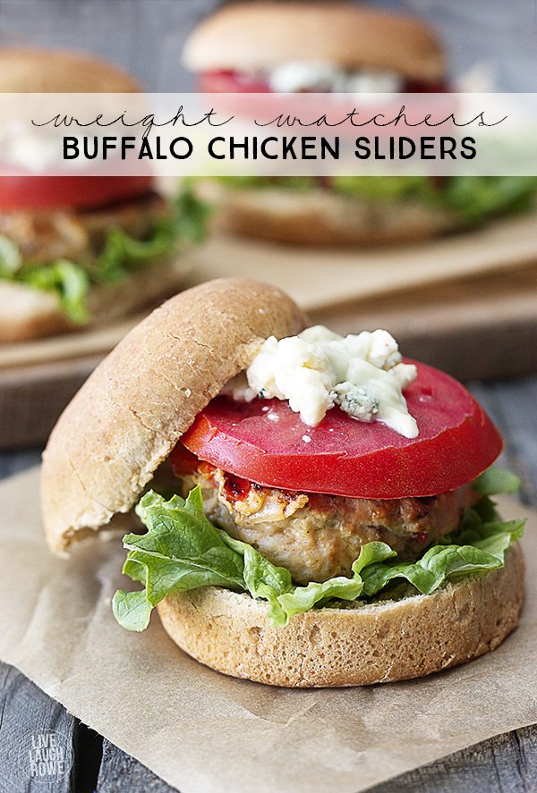 Delicious Buffalo Chicken Sliders that are weight watchers friendly! Buffalo wing sauce and blue cheese give them a perfect punch of flavor. www.livelaughrowe.com