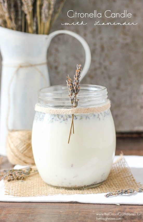 DIY Citronella Candle with Lavender is an easy to make homemade recipe that will keep the mosquitoes and bugs away this summer. Great for camping, picnics and spending time outdoors.