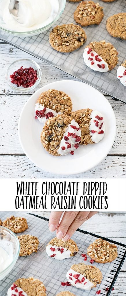 Super delicious and EASY Cookies. White Chocolate Dipped Oatmeal Raisin Cookies. Recipe at livelaughrowe.com