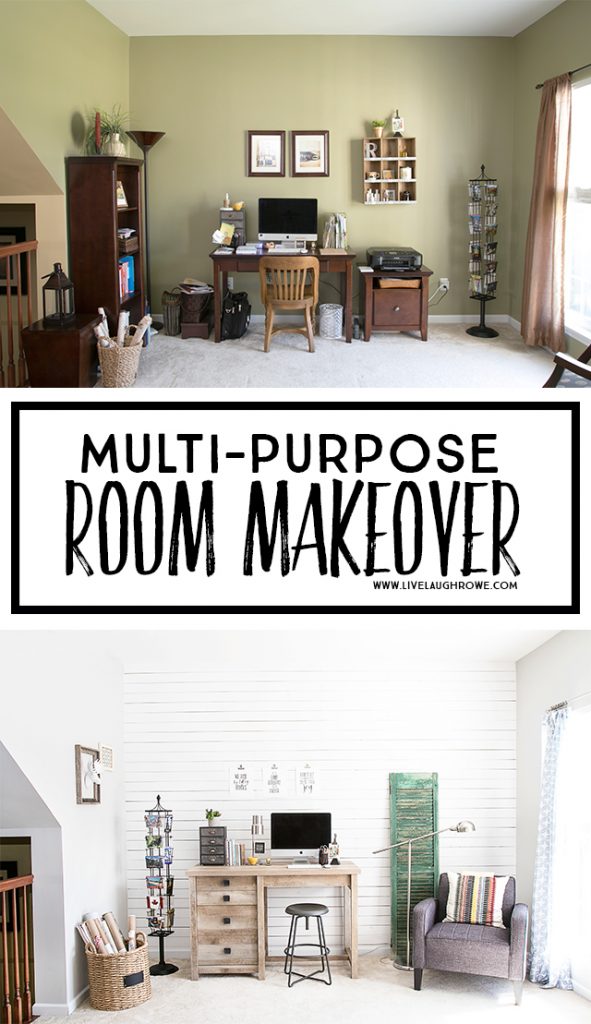 The Multi-Purpose Room Makeover is FINALLY revealed. The plank wall and furniture choices are a perfect pairing. livelaughrowe.com