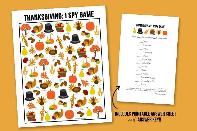 The perfect way to entertain the kids this Thanksgiving! This sweet Thanksgiving I Spy Printable comes with an answer sheet and answer key too! Print yours at livelaughrowe.com