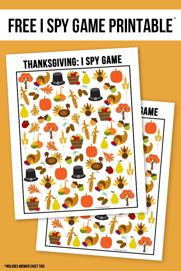 The perfect way to entertain the kids this Thanksgiving! This sweet Thanksgiving I Spy Printable comes with an answer sheet and answer key too! Print yours at livelaughrowe.com