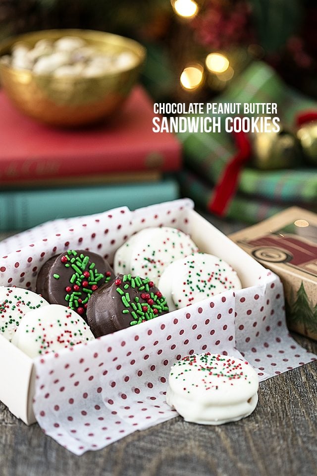 Festive Chocolate Peanut Butter Sandwich Cookies. A delicious treat you'll love to give! livelaughrowe.com