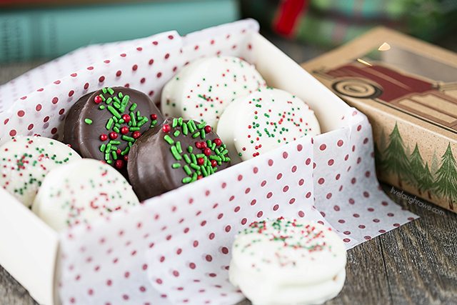 Festive Chocolate Peanut Butter Sandwich Cookies. A delicious treat you'll love to give! livelaughrowe.com