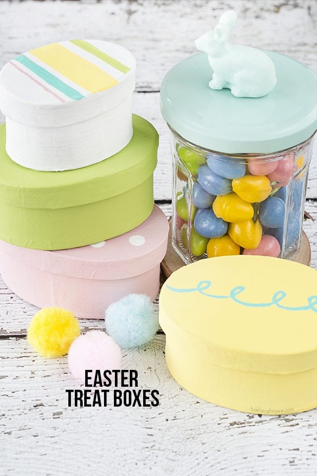 These Easter Gift Boxes are colorful and perfect for gifting a sweet treat or toy! From a simple oval paper mache box to a festive treat box. Tutorial at livelaughrowe.com