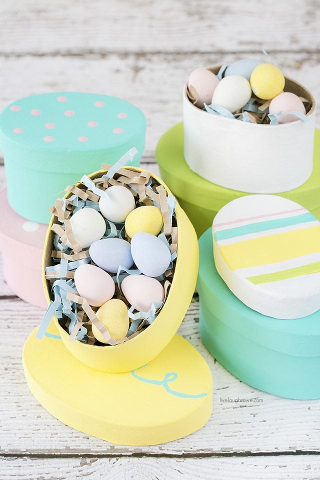 These Easter Gift Boxes are colorful and perfect for gifting a sweet treat or toy! From a simple oval paper mache box to a festive treat box. Tutorial at livelaughrowe.com