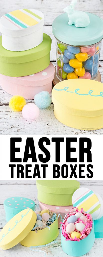 These Easter Treat Boxes are colorful and perfect for gifting bandy or a toy! From a simple oval paper mache box to a festive treat box. They would make a great addition to an Easter basket too. Tutorial at livelaughrowe.com