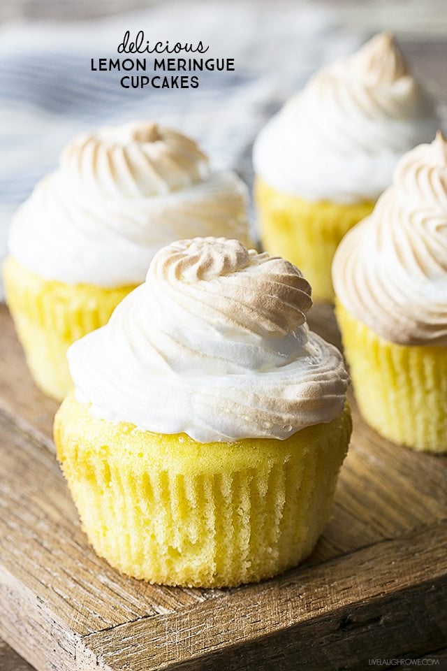 A cheery and delicious treat! These Lemon Meringue Cupcakes have a surprise filling that make it a perfect spin off of the classic Lemon Meringue Pie. livelaughrowe.com