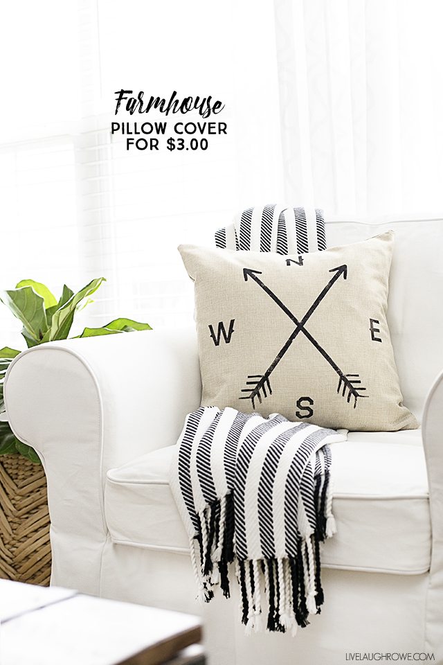 This Farmhouse Pillow Cover is quite the score! Perfectly imperfect and costs only $3.00. livelaughrowe.com