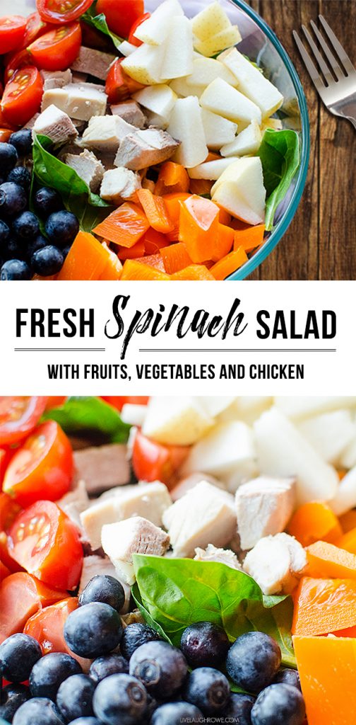This Fresh Spinach Salad is a great summer salad, packed with chicken, fruits and vegetables. livelaughrowe.com